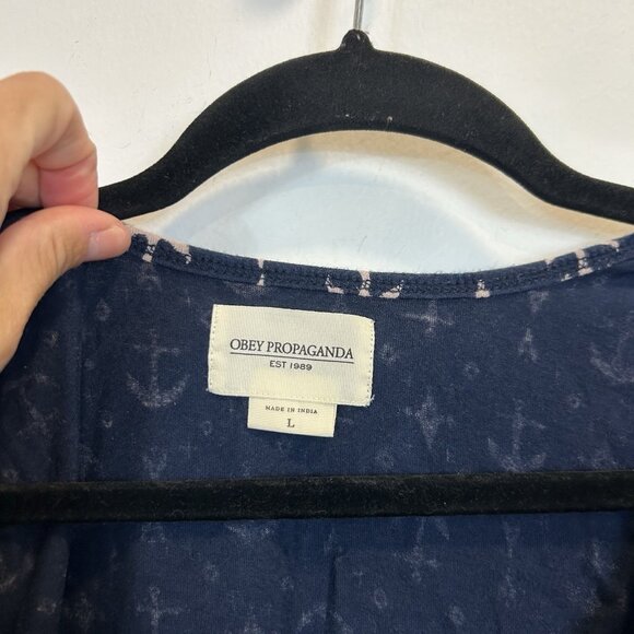 OBEY Propaganda Tank Top Pullover Top Mens Large 100% Cotton Anchor Print Navy - Picture 4 of 9